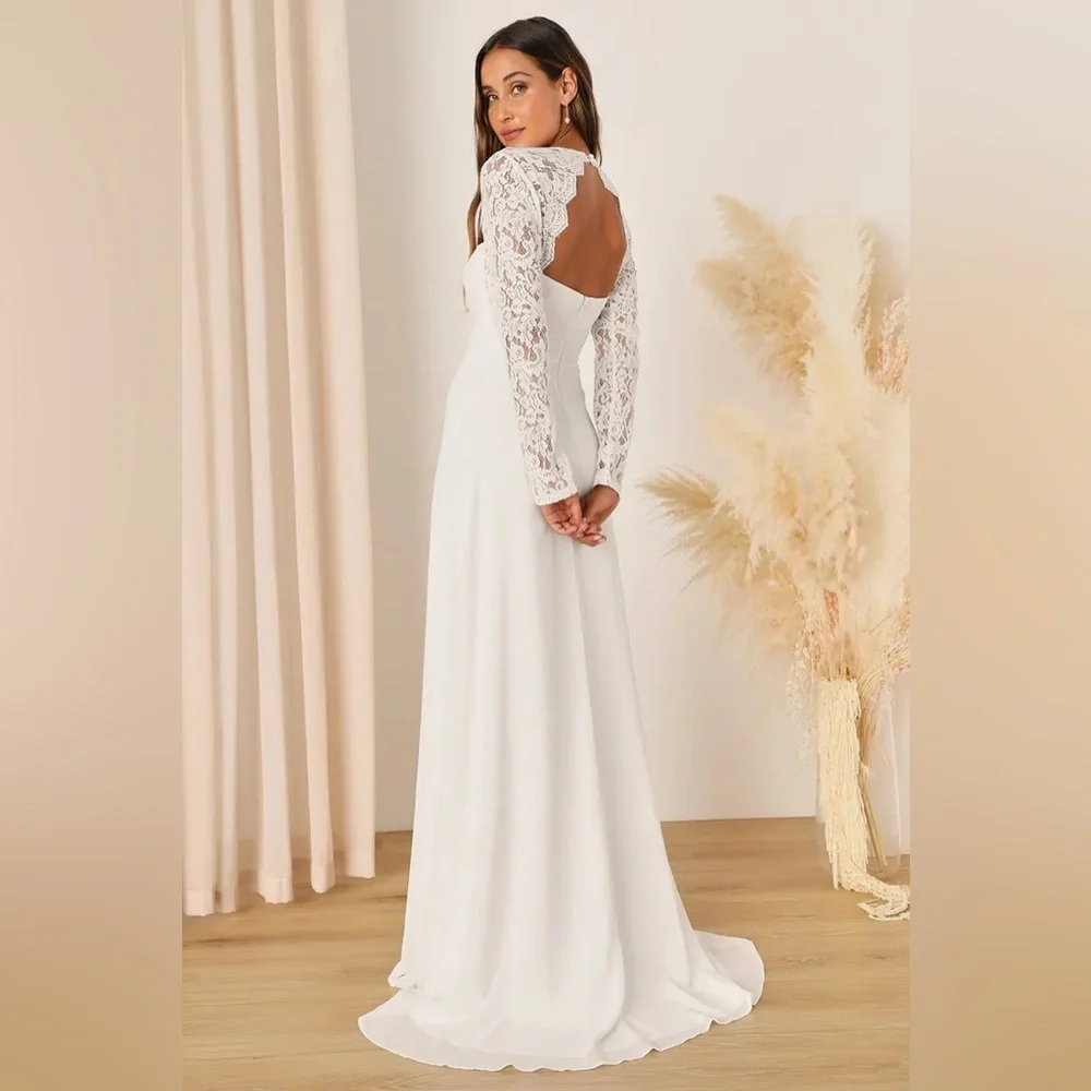 New Lulus Promised Forever White Lace Long Sleeve Backless Maxi Dress Medium - Picture 4 of 5